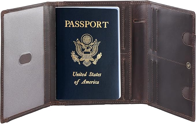 STAR VISTA Domenico Full Grain Leather Pilot Passport Wallet, Trifold Travel Document Organizer with RFID Blocking, Transparent Doc & Dual ID Windows, AirTag Slot, Pen & Travel Notebook