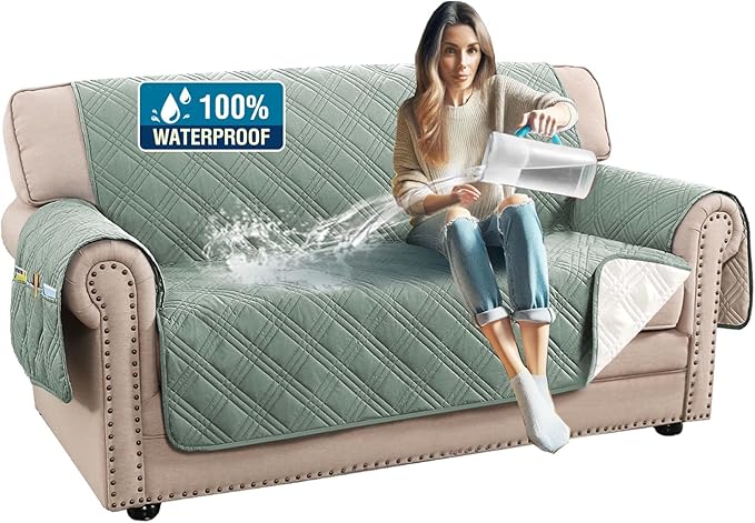 H.VERSAILTEX 100% Waterproof Couch Covers for 2 Cushion Couch Sofa Modern Sofa Covers Waterproof and Washable Thick Soft Couch Cover for Dogs with Elastic Straps (Loveseat, Lily Pad/Beige)