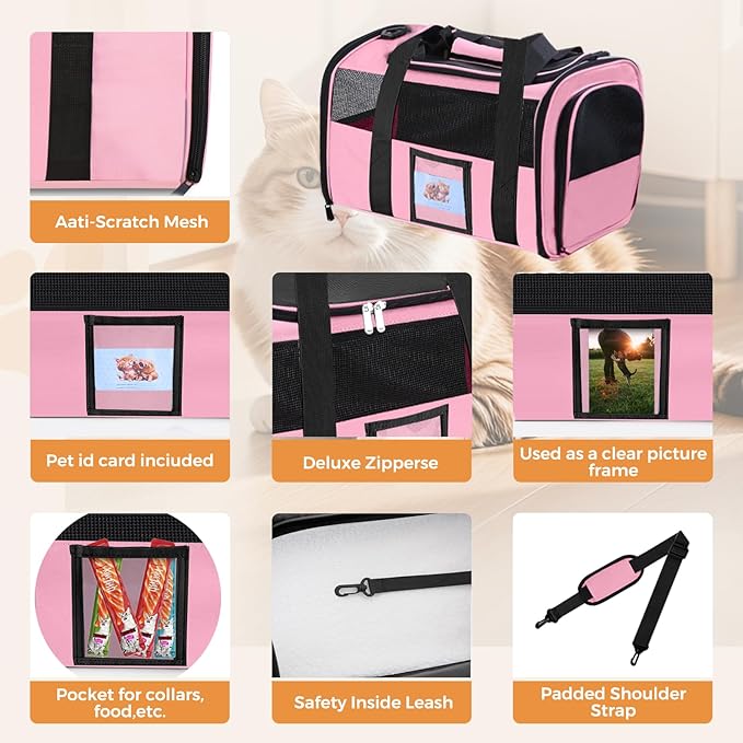 FOORLON Cat Carrier Soft for Pets Up to 25 Lbs, Cat Travel Bag with Padded Shoulder Strap and Detachable Cat Food Bowl, Pet Dog Carriers for Small Dogs Travel Puppy Carry Airline Approved, Pink