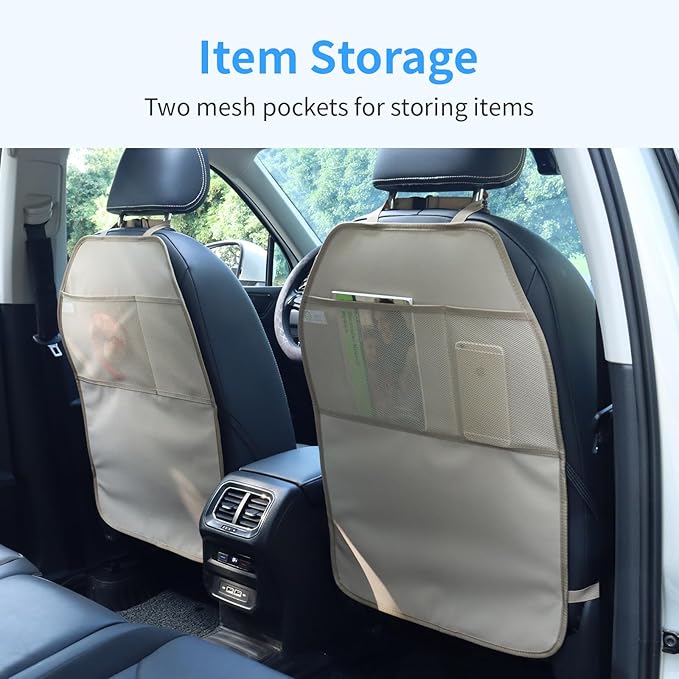 Viaviat Car Seat Protector Large Kick Mat 2 Pack Durable Water Resistant Auto Seat Back Covers with 2 Mesh Pockets Protection Against Dust Mud Scratches (Beige-A, 2-Pack)