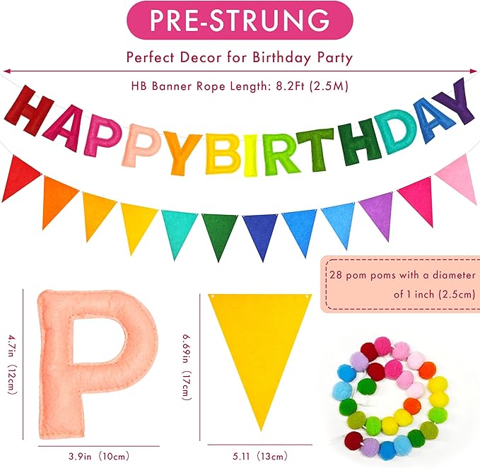 CANREVEL Pre-Strung 3D Happy Birthday Banner, 3 PCS Rainbow Happy Felt Garland, Pom Pom Garland, Triangle Fabric Bunting, Reusable Rainbow Birthday Decorations for Girls Boys Women Men