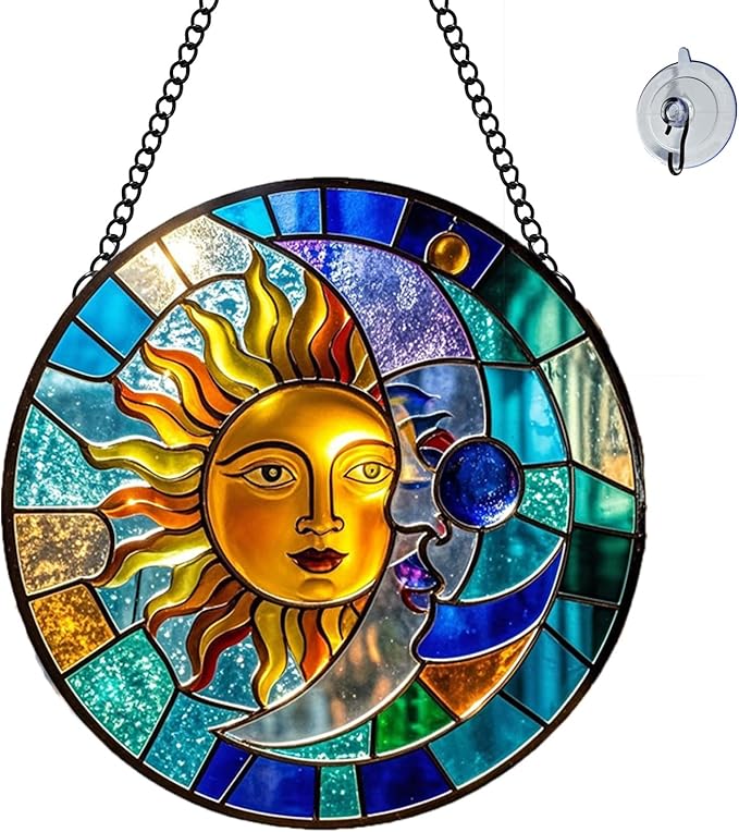 Sun and Moon Suncatcher 8 Inch Stained Glass Window Hanging Diamond Chain Hooks– Indoor/Outdoor Window Wall Art Home Décor -Gift for Women Men Valentine's Day Thanksgiving Ornaments Festival Gifts
