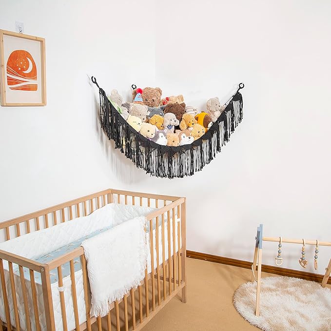 Amdermi Stuffed Animal Hammock Corner Hanging Net for Toy Organizer Playroom Stuffed Animal Toy Hammock Macraem Toy Display Plush Toy Holder for Bedroom (Black)