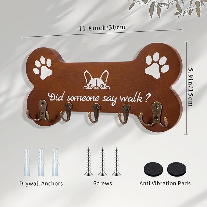 Bone Shape Dog Leash Hangers for Wall - Coat Rack with 5 Key Hooks, Perfect for Dog Lovers, Ideal for Entryway, Door and Bedroom Decor. 11.8'' x 5.9''(Brown)