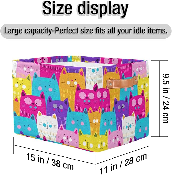 Cute Cats Colorful Storage Bins Cubes Collapsible Fabric Storage Baskets Toy Organizer with Handles for Book Office Shelf Shelves