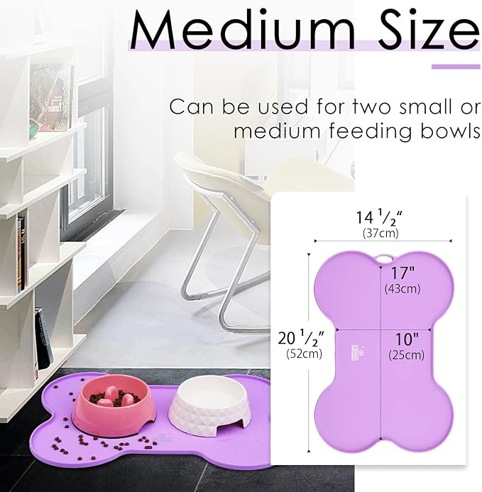 Super Design Dog Food Mat Dog Bowl Mat for Food and Water Silicone Non Spill Cat Feeding Mat Puppy Placemat Waterproof - 20.5" x 14.5", Purple