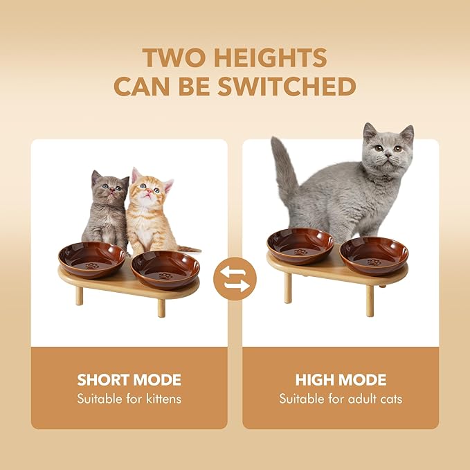 Elevated Ceramic Cat Dish with Paw Print, Wide Whisker Friendly Anti-Slip Food & Water Bowl with 2 Heights Adjustable Stand - Pet Bowl Set for Cats (2 Dishes +Stand, Caramel Brown)