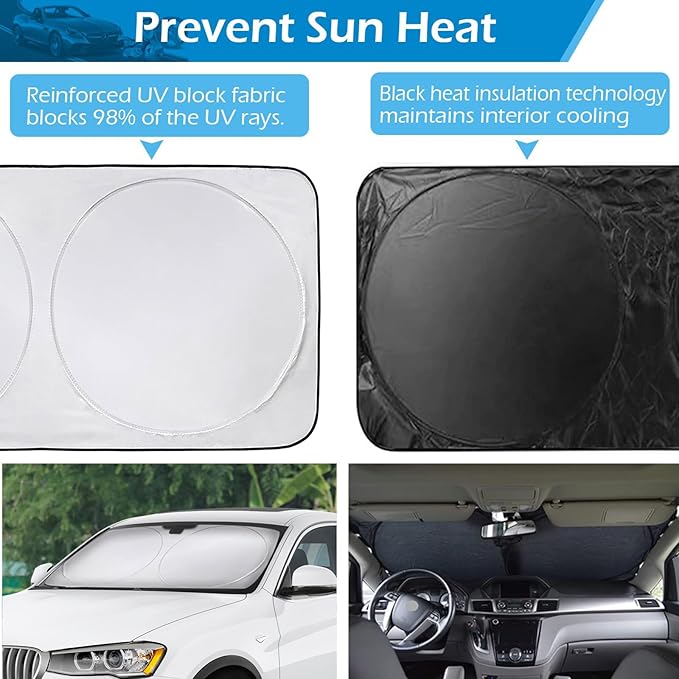 IC ICLOVER Car Windshield Sun Shade, 210T Polyester Foldable Front Window Sun Visor Protector, Blocks UV Rays and Heat Sun Protection Shield, Keep Your Vehicle Cool, Fits Sedans, Mid-Size SUV (Medium)