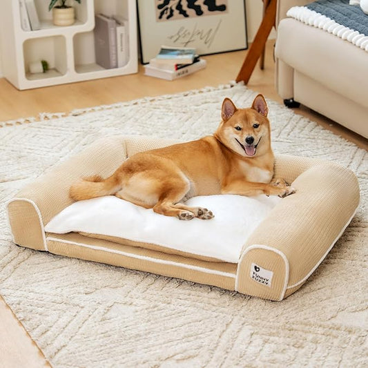 FUNNYFUZZY Orthopedic Dog Bed – Washable Dog Bed with Double Layer Plush Cushion Sofa Style Design with Bolstered Sides for Small Medium and Large Dogs Removable Cover L Size (31.5"x24.4"x7.1") Beige