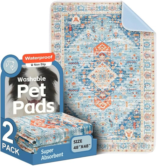 Washable Pee Pads for Dogs 2 Pack Reusable Puppy Training Pads 48"x48" Super Absorbent Waterproof Dog Training Pads, Non-Slip Potty Pads Whelping Pads Litter Mat Pet Supplies - Blue/Mix