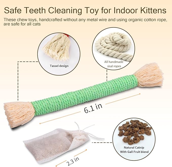 Retro Shaw 6Pcs Kitten Toys Chew Rope, Safe Teeth Cleaning Cat Toys for Indoor Kittens, Soft Cotton Interactive Refillable Catnip Toy for Cats Nip Kicker 6.1 Inches