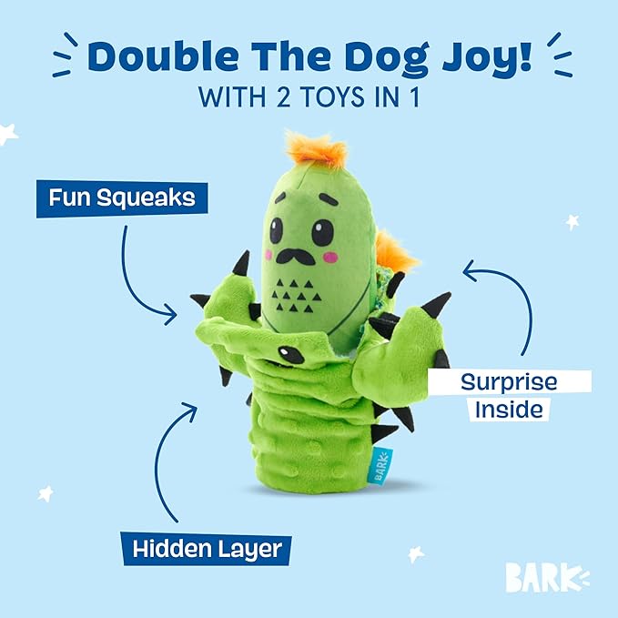 Barkbox 2 in 1 Interactive Plush Dog Toy - Rip and Reveal Toy for Dogs and Puppies - Stimulating Squeaky Pet Toys | Prickly Pete (Small)