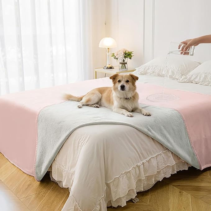 Tuffeel Waterproof Blanket for Bed, Leak Proof Dog Couch Blankets Reversible, Pet Throw Sofa Furniture Protector Machine Washable-82 x120,Pink+Cream