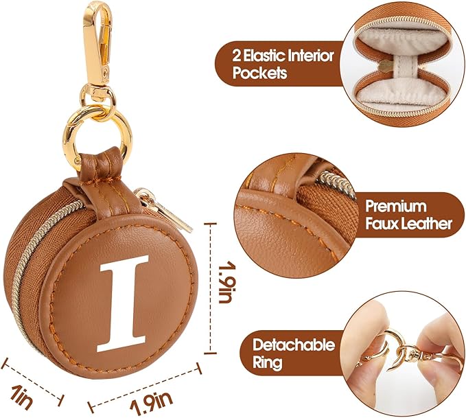 Mini Initial Travel Jewelry Case Ring Holder, Brown Faux Leather Small Jewelry Organizer Box Gifts for Women Girls Nurse Teacher, Gym Travel Accessories Keychain Pouch for Earrings Rings Necklace I