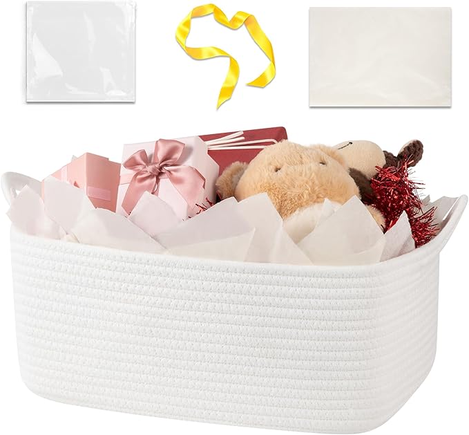 OIASKET Basket for Gifts Empty, Woven Storage Basket with Gift Bag, Ribbon and Wrap Tissue Paper, Small Rope Toy Storage with Handles for Baby Shower, Dog Toy Organizer, 15.5" x 11.4" x 6.7"