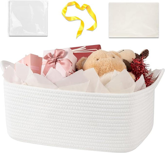 OIASKET Basket for Gifts Empty, Woven Storage Basket with Gift Bag, Ribbon and Wrap Tissue Paper, Small Rope Toy Storage with Handles for Baby Shower, Dog Toy Organizer, 15.5" x 11.4" x 6.7"