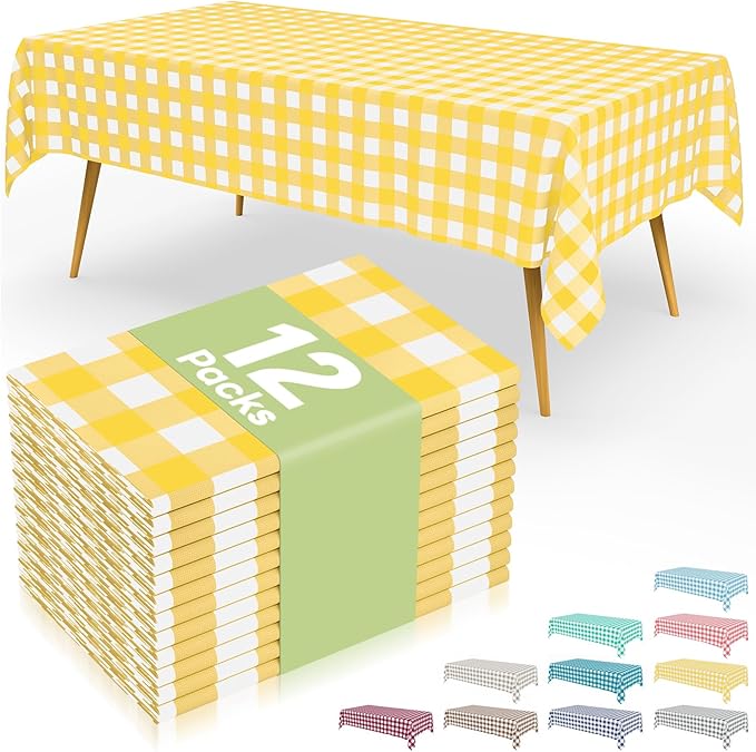 Smiry 12 Packs Gingham Disposable Table Cloth, 54 x 108 Inch Waterproof Plastic Tablecloth, Rectangle Yellow and White Checkered Table Covers for Picnic, Birthday, Party