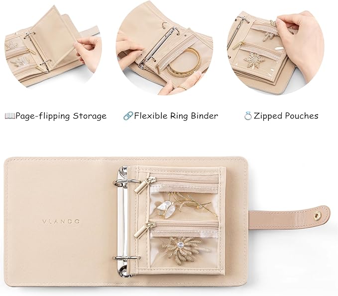Vlando Small Jewelry Book Organizer - Leather Travel Jewelry Case with 5 Detachable Pages for Necklaces, Rings, Earrings, Tangle-Free, Giftable,Latte
