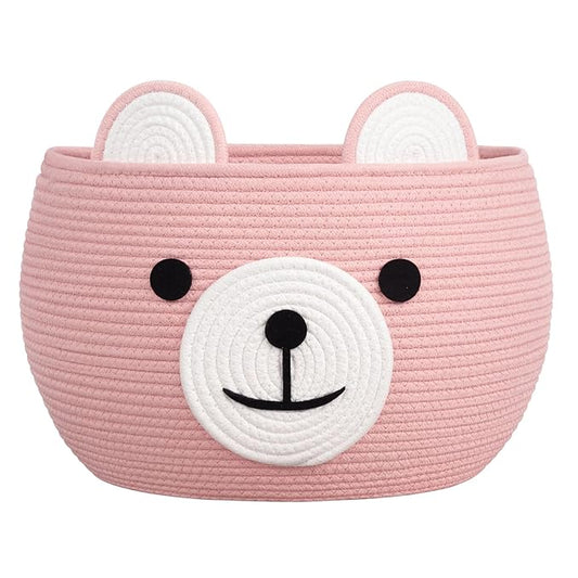 CherryNow Baby Basket for Nursery, Bear Gift Baskets for Girls, Baby Shower Basket with Handles, Large Diaper Caddy Organizer, Bright Pink, 15.7"D x 10.5"H
