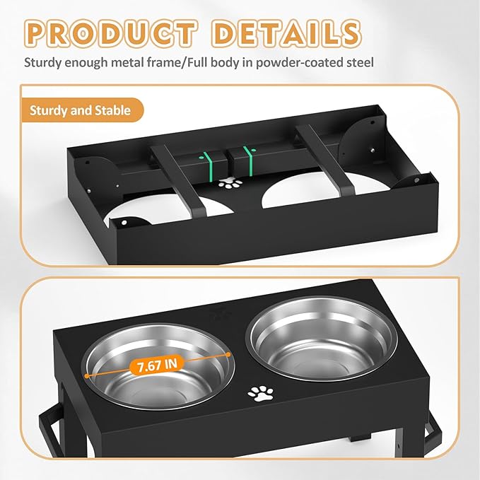 Metal Elevated Dog Bowls Stand Large Breed, Height Adjustable Raised Dog Bowls Holder with 2 Stainless Steel Food Bowls for Small, Medium and Large Canine