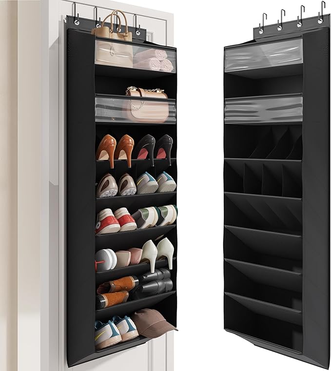8 Tier Clear Over the Door Shoe Organizer with Deep Pockets, Door Shoes Rack with hard Cardboard and Tubes to Keep the Shape, Hanging Shoe Rack for Closet Organizers, Shoe Holder Black