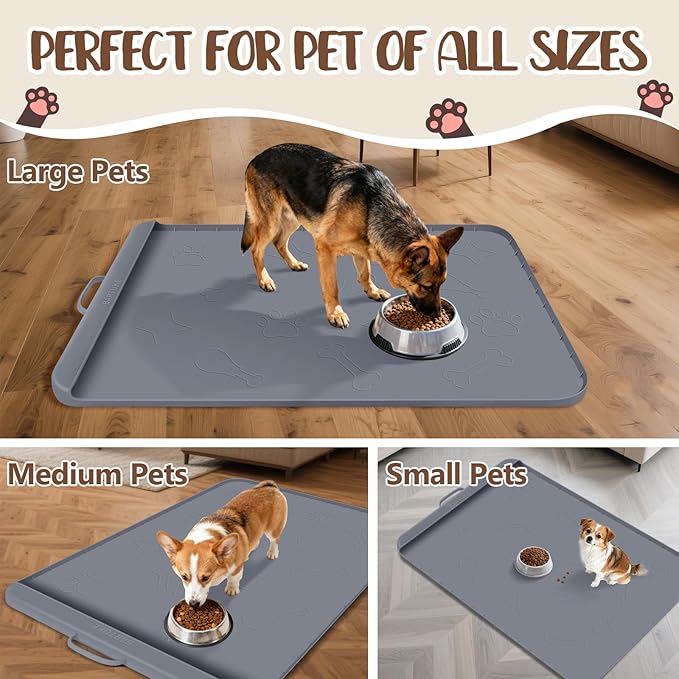 Dog Food Mat with Collection Pocket, 42''x28'' Extra Large Silicone Pet Feeding Mat for Food and Water, Waterproof Anti-Slip Dog Mat with Edge and Handle, Pet Placement for Floor (Dark Grey)