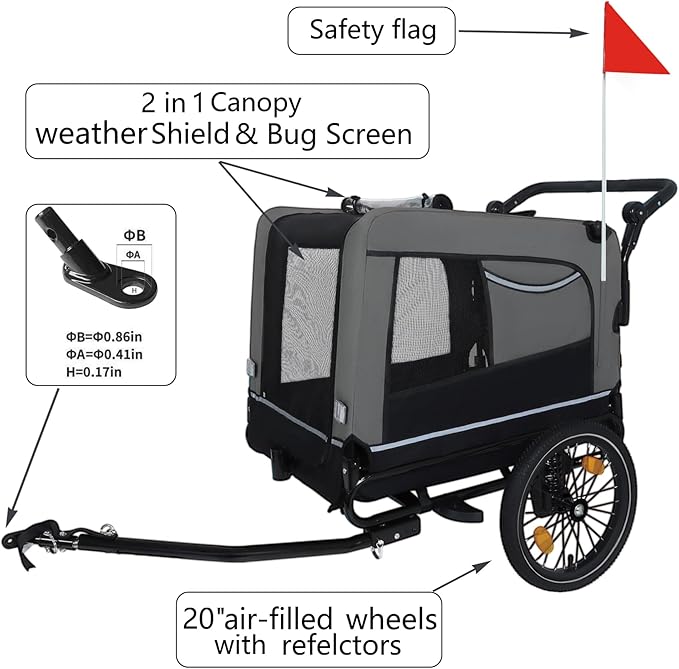 Extra Large 2-in-1 Bike Trailer & Push Cart for Pets - Detachable Bike Hitch & Push Handle Included - All-Terrain Wheels Quick Release, Non-Slip Floor, Internal Leash, Up to 88 lbs