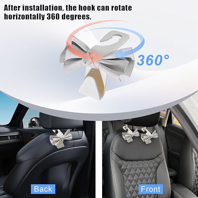 2 PCS Car Seat Headrest Hooks, Cute Bow Purse Hook Hanger for Car Headrest, Universal Leather Purse Holder for Umbrella, Storage Bag, Coat (Beige)