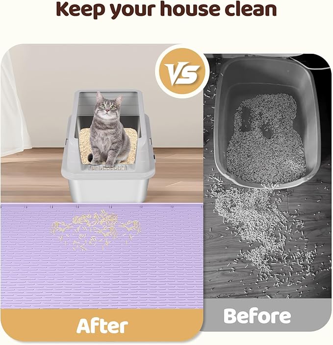 Bartuke Cat Litter Mat, XXL Extra Large 50" x 35" Silicone Mat Litter Trapping Mat for Scatter Control, Soft on Kitty Paws, Easy to Clean (Purple)