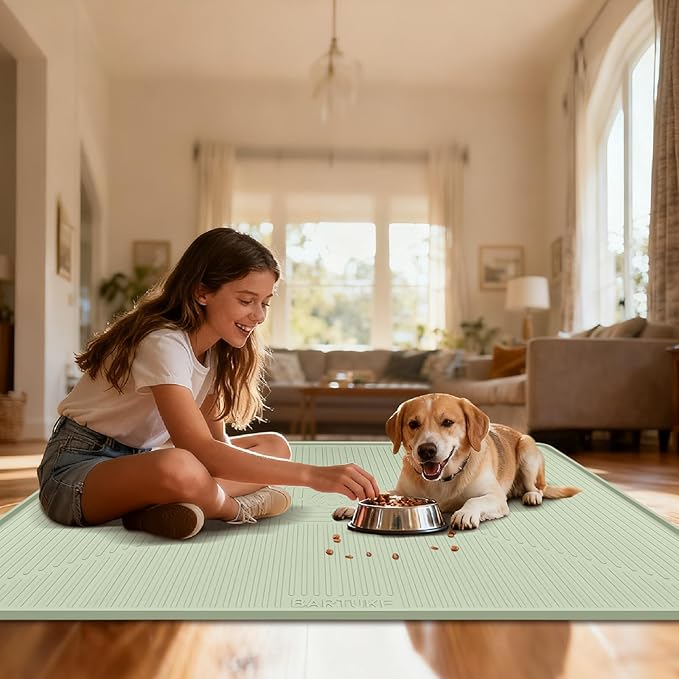 Lorvain Dog Food Mat, 45" x 30" Silicone Pet Feeding Mat with Raised Edges, Extra Large Pet Placemat for Dog Cat Food and Water Bowl Non-Slip, Easy to Clean, Waterproof & Floor Protection, Green