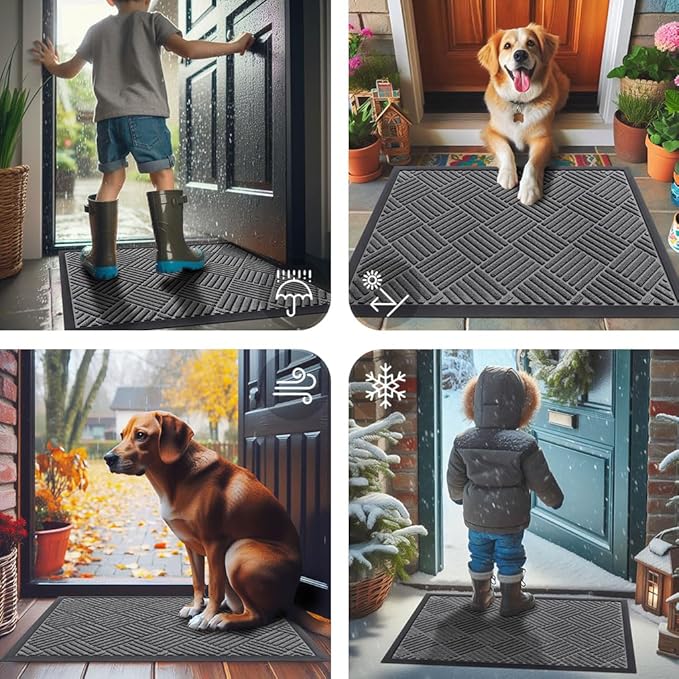 Smiry Front Door Mat Outside Entrance, Heavy Duty Outdoor Indoor Natural Rubber Doormat, Non Slip, Trap Dirt and Moisture, Easy Clean, Low Profile Patio Porch Entryway Mat, 29.5x17, Grey