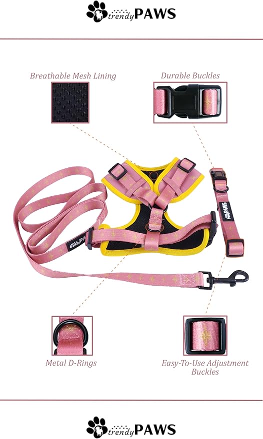 TrendyPaws Dog Harness, Collar and Leash Set, Breathable Mesh, S/M/L Sizes (Rose Gold, Medium)
