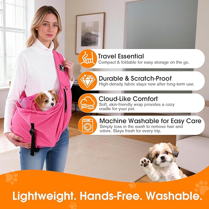 Pet Sling Carrier for Small Dogs and Cats 5-20lbs, Dog Sling with Adjustable Depth, Breathable Air Mesh Puppy Travel Bag, Water Resistant Fabric, Double Safety Leash, Machine Washable,Fuchsia