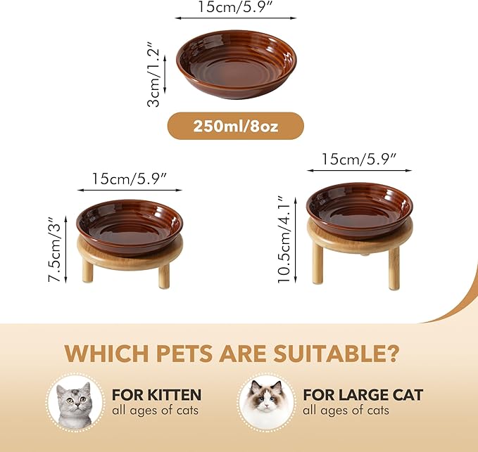 2 Sets of Elevated Ceramic Cat Dish, Wide Whisker Friendly Anti-Slip Food & Water Bowl with 2 Heights Adjustable Stands - Pet Bowl Set for Cats (2 Dishes +2 Stands, Caramel Brown)