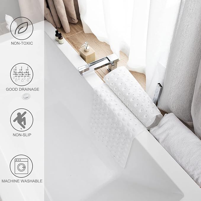 Bath Tub and Shower Mats, Non-Slip 39 x 16 Inch Extra Long Bathtub Mat, Machine Washable BathMat with Drain Holes, Suction Cups for Bathroom (Opaque White)