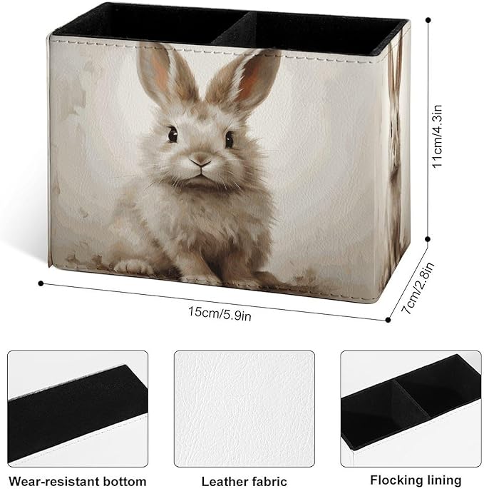 Famame Brown Rabbit Bunny Pencil Holder for Desk, Leather Desktop Container Pen Cup Storage Study Table Pen Organizer Makeup Brush Holder for Classroom Office Home