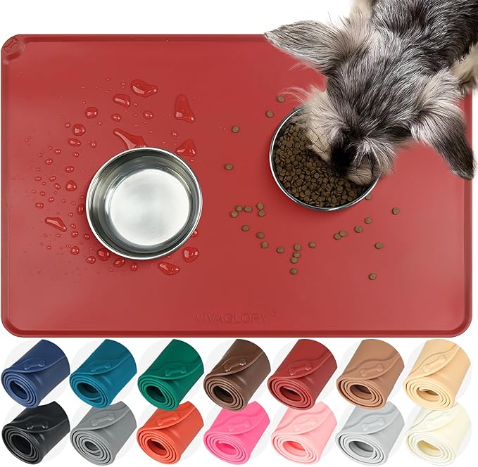 VIVAGLORY Dog Food Mat Flexmat Dog Bowl Mat, Placemat Food Tray with Raised Edges & Lip for Indoor Floor, Non Slip Waterproof Silicone Dish Placemat for Cat & Pet, S, Burgundy