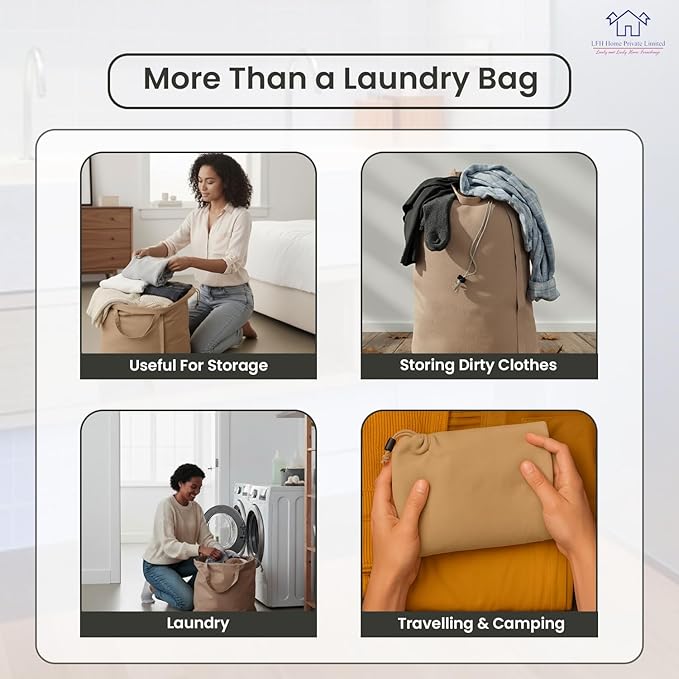 LFH Home Large Premium Cotton Canvas Laundry Bag with Drawstring and Handles Heavy Duty, Multi-Use, and Washable for Home, Travel, College or Storage 20x30 (Pack of 2)-Beige