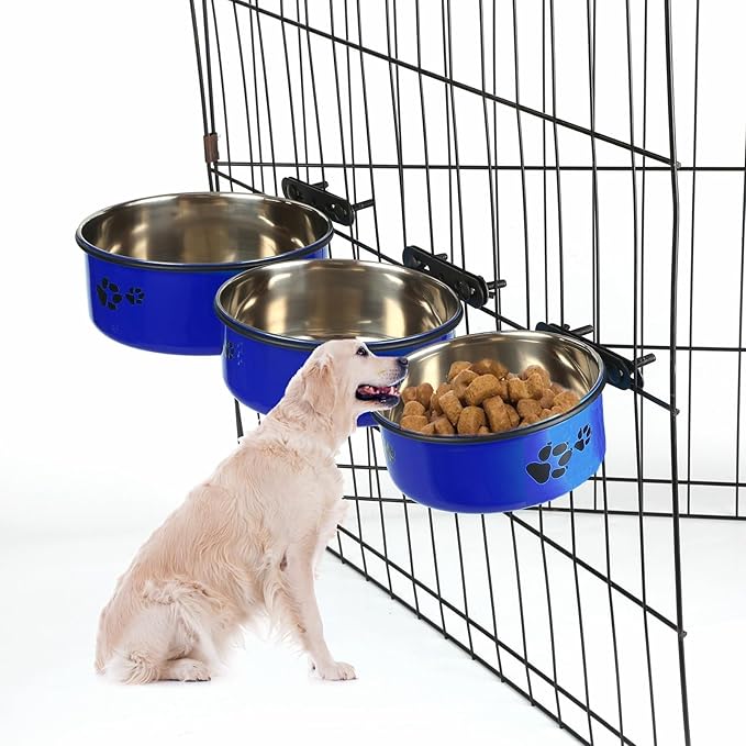 Dog Crate Food and Water Bowl 2Pcs Small Pet Hanging Kennel Removable Dish Feeding Cup with Holder for Medium Large Size Cat Puppy (Blue, 5.5''X2.3''&6.3‘’X2.5'')