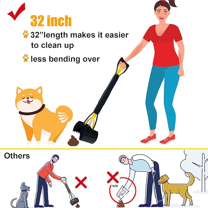 ienjoyed 32“ Tall Pooper Scooper, Large Pooper Scooper for Dogs Heavy Duty, Dog Pooper Scooper with Long Handle & High Strength Durable Spring, Foldable Dog Poop Pick Up, Yellow
