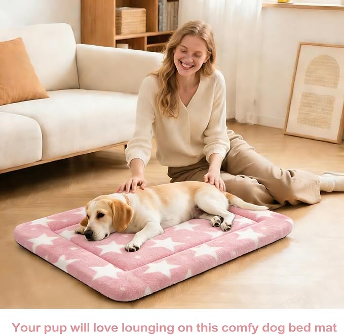 Fogkiss Dog Bed Mat, Reversible Crate Pad & Durable Dog Bed - Machine Washable Kennel Mat with Ultra Soft for Medium Dogs (Big&Small Stars Pink, 30" L*20" W*1.5" Th)