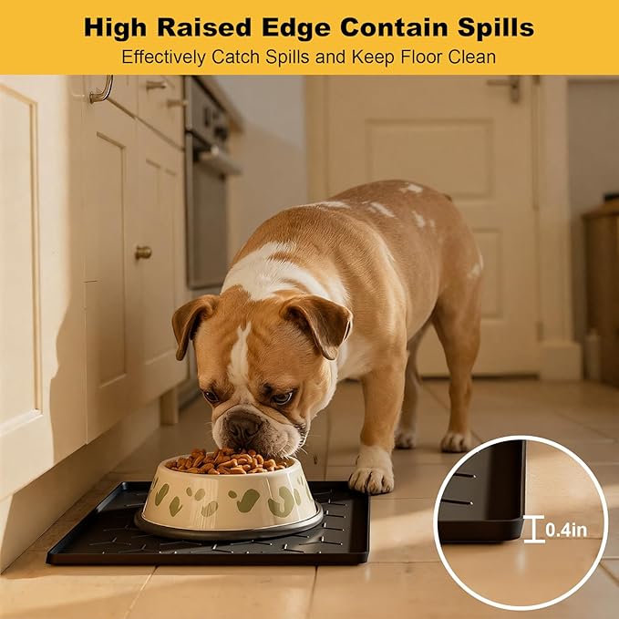 Pieviev Dog Cat Food Bowl Mat, Silicone Waterproof Food Grade Pet Food Mat for Floor, High Raised Edge to Prevent Spills, Non-Slip & Easy Clean Pet Placemat for Dog & Cat Bowls, 16''x12'', Black