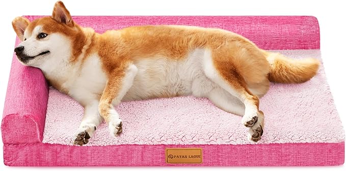 Patas Lague Orthopedic Dog Bed Medium Size Dog 30''X20'', Waterproof L Bolster Medium Pet Sofa Beds with Removable Washable Cover, Soft Pet Couch Crate Mat with Nonskid Bottom, Pink