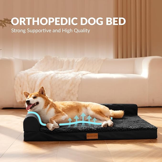 Patas Lague Orthopedic Jumbo Dog Bed for Extra Large Dogs 56''X40'', Waterproof L Bolster Jumbo Pet Sofa Beds with Removable Washable Cover, Soft Pet Couch Crate Mat with Nonskid Bottom, Black