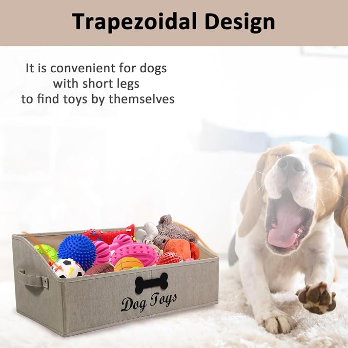 Large Dog Toy Basket Collapsible Dogs Toy Box Fabric Trapezoid Dog Toys Bin Storage for organizing pet Toys/Blankets/leashes/Rope Toys/Clothing-Can be Personalized-KhakiStripe