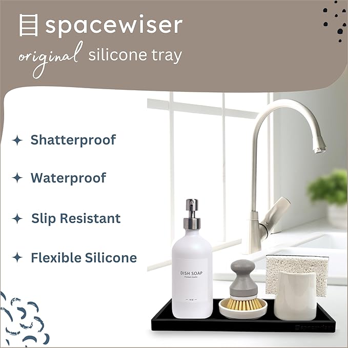 Spacewiser Countertop and Vanity Tray - 11.7" Silicone Bathroom Tray Countertop, Dish Soap Trays for Kitchen Counter, Organizer Accessories Caddy, Toilet Laundry Shower Oil Makeup Mat, Black