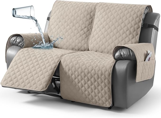 TAOCOCO 100% Waterproof Recliner Couch Covers, Recliner Sofa Covers with Leg Straps, 1-Piece Washable Reclining Sofa Cover with Pocket Couch Protector for Pets Kids(2 Seater, Apricot Pink)