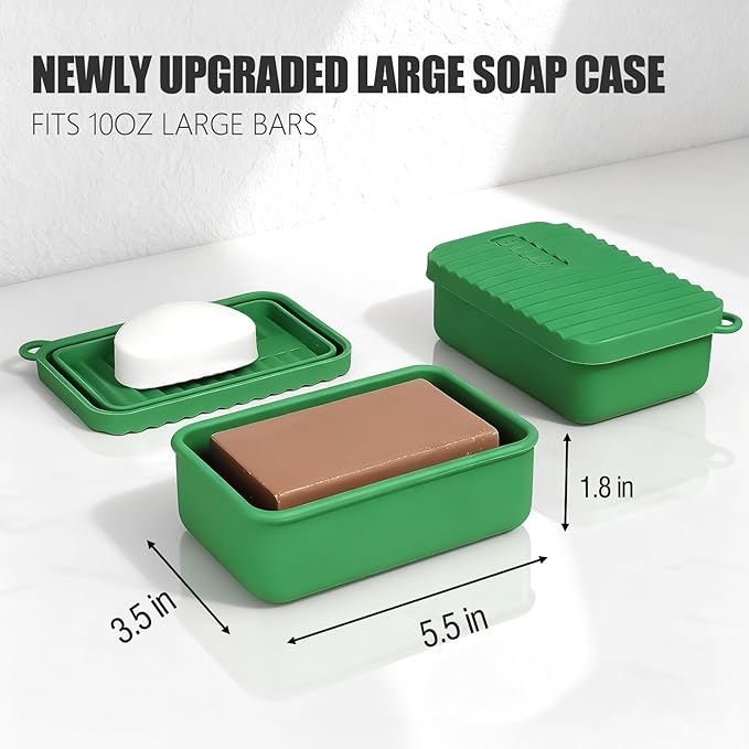 OTHIX Extra Large Silicone Leak Proof Travel Soap Case - Compatible with 10 oz Duke Cannon or Shampoo & Conditioner Bar Set | for Extended Trips, Outdoor Adventures, or Truck Drivers (Green)