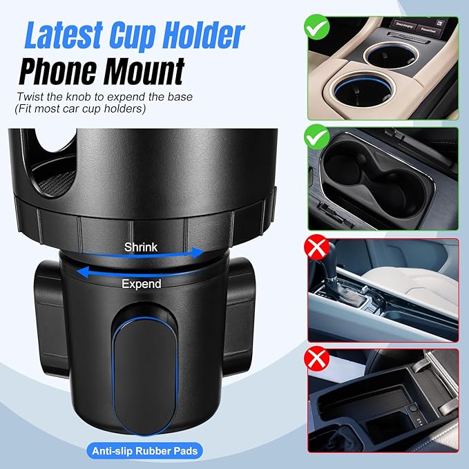 This Hill 2-in-1 Car Cup Phone Holder Expander with Adjustable Base, 360 Rotation, Compatible with iPhone, Samsung & All Smartphones up to 7" (Black)