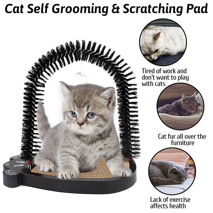 Fhiny Cat Arch Self Groomer, Cat Brush with Scratching Cardboard Hair Face Back Brush for Grooming with Toys Scratcher Massager Comb Station Interactive Toy for Indoor Kitten Cats Pets Cute